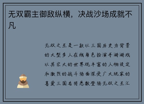 无双霸主御敌纵横，决战沙场成就不凡